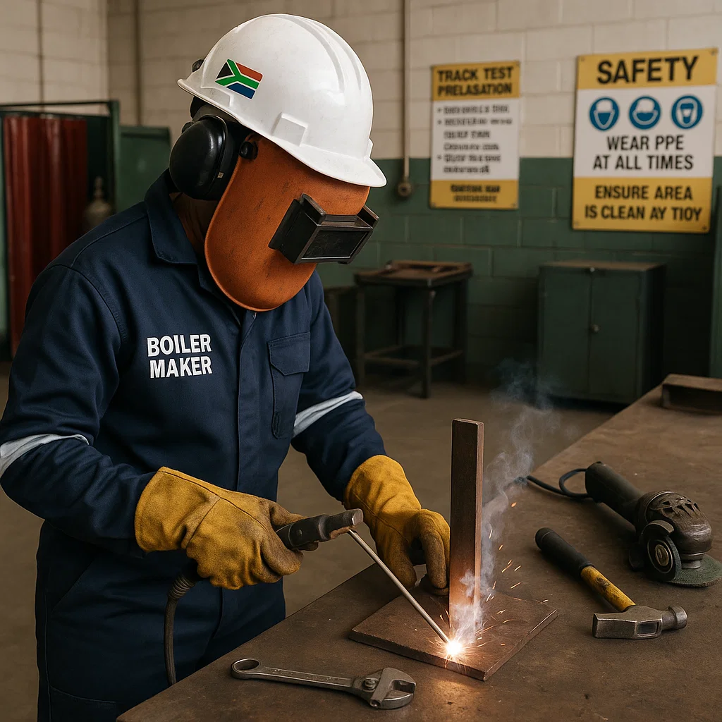 Boilermaker trainee in South Africa learning plate fabrication and safe cutting