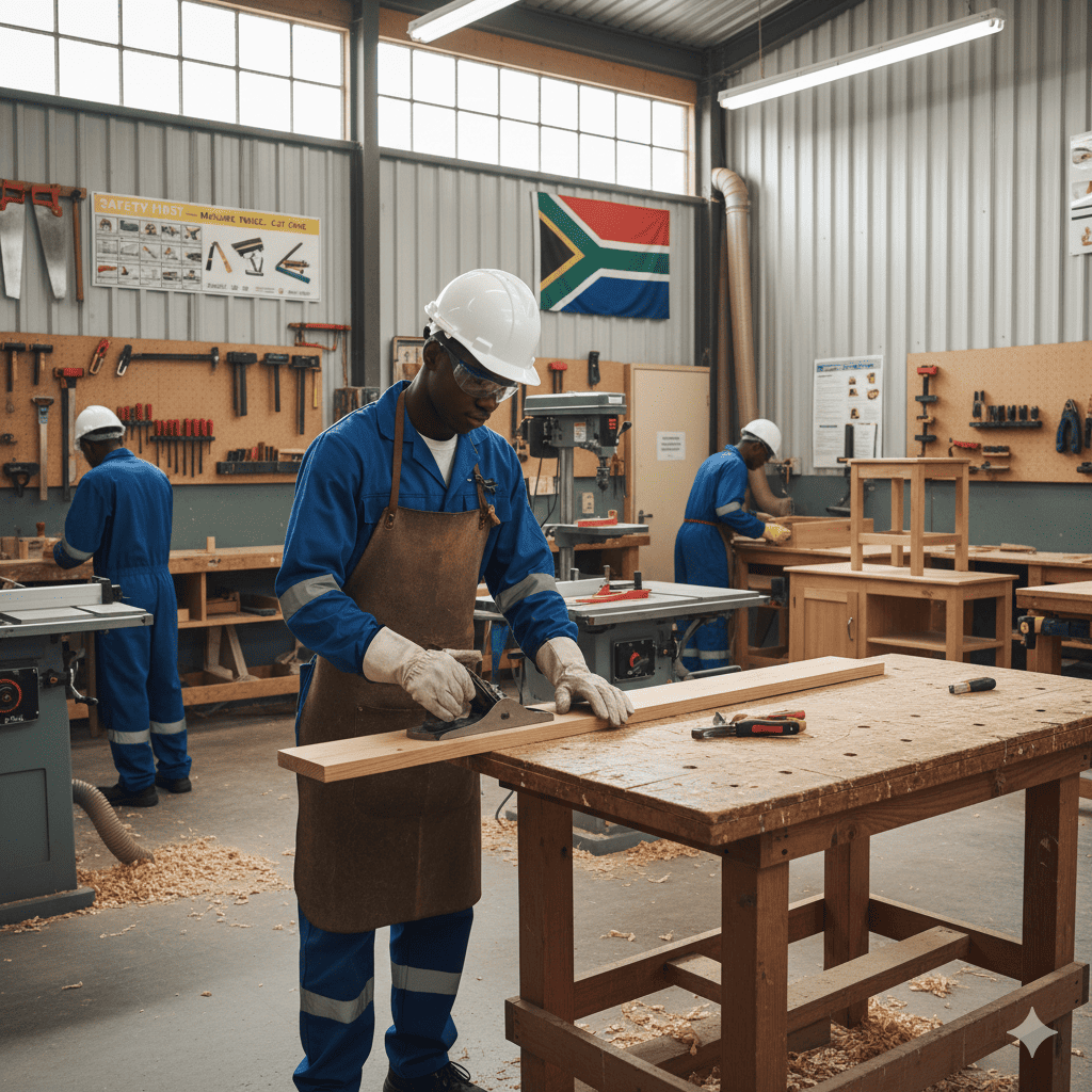 South African carpentry trainee practicing cabinet making and joinery techniques