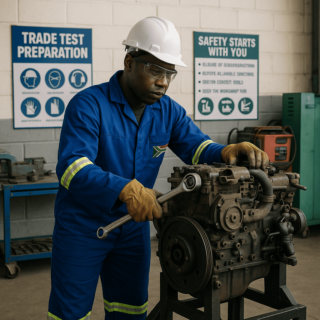 Diesel mechanic trainee servicing an engine during practical workshop session in South Africa