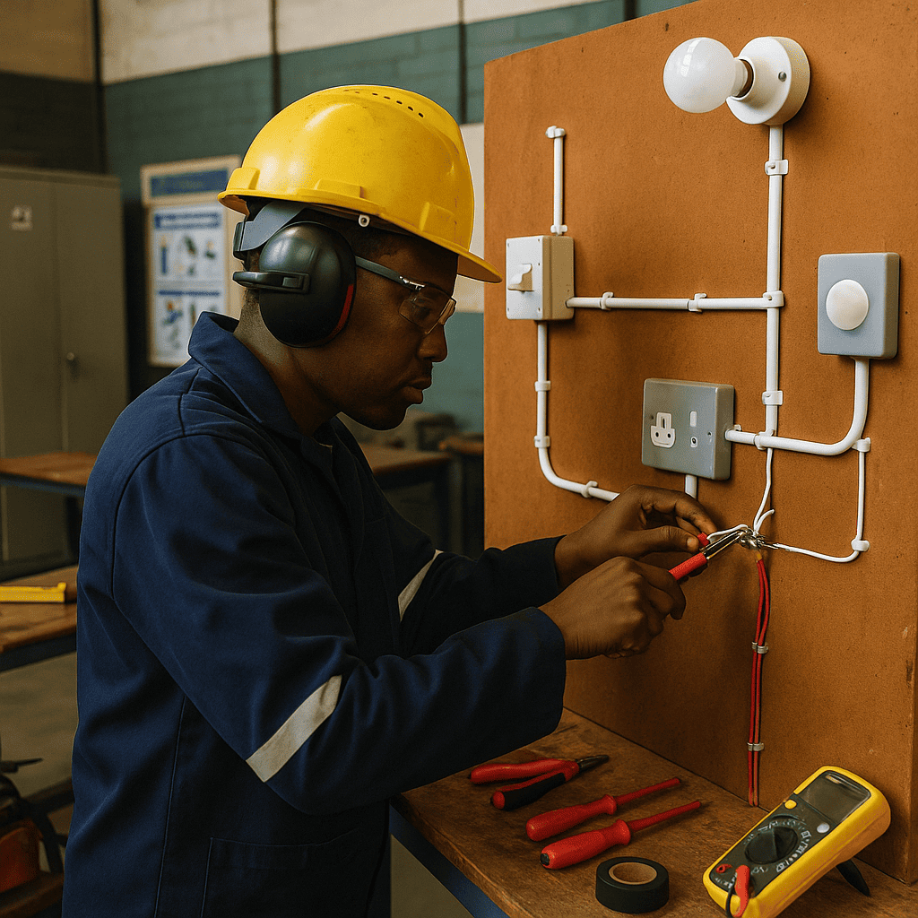 South African electrical trainee wiring a distribution board in workshop training