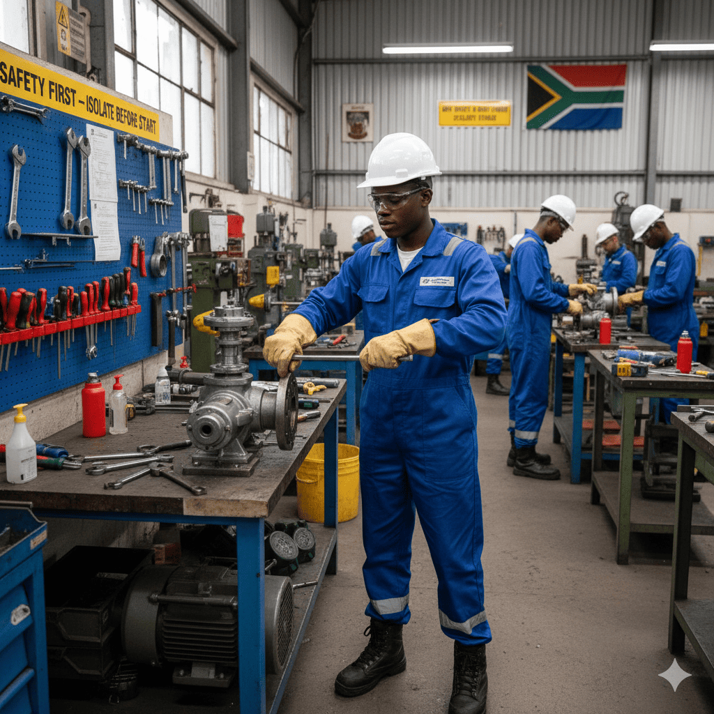 Mechanical fitter trainee aligning shafts and bearings in South African training centre