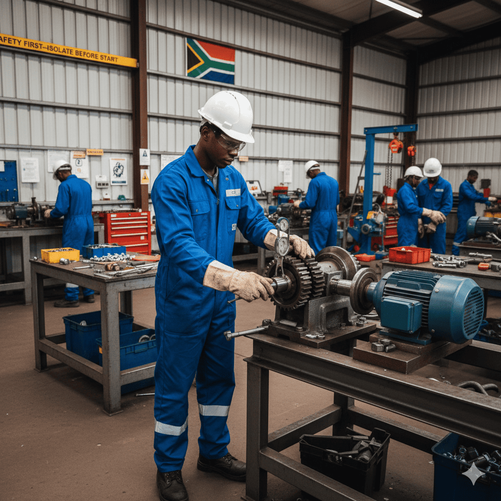 Millwright trainee working on electro-mechanical systems in South African workshop