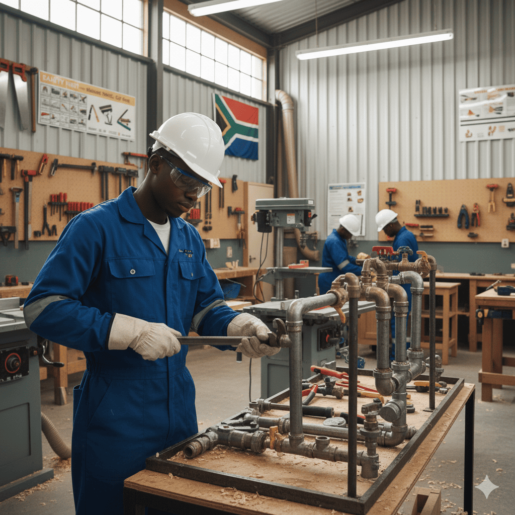 Plumbing trainee installing copper piping during trade test preparation in South Africa