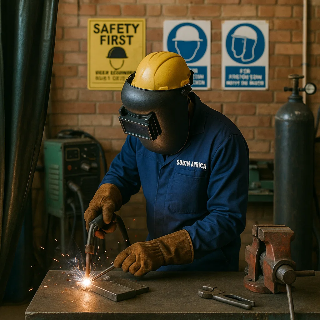 South African trainee welder practicing MIG welding during trade test preparation